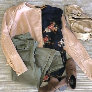 Pale Pink Faux Leather Moto Side Zipper Jacket